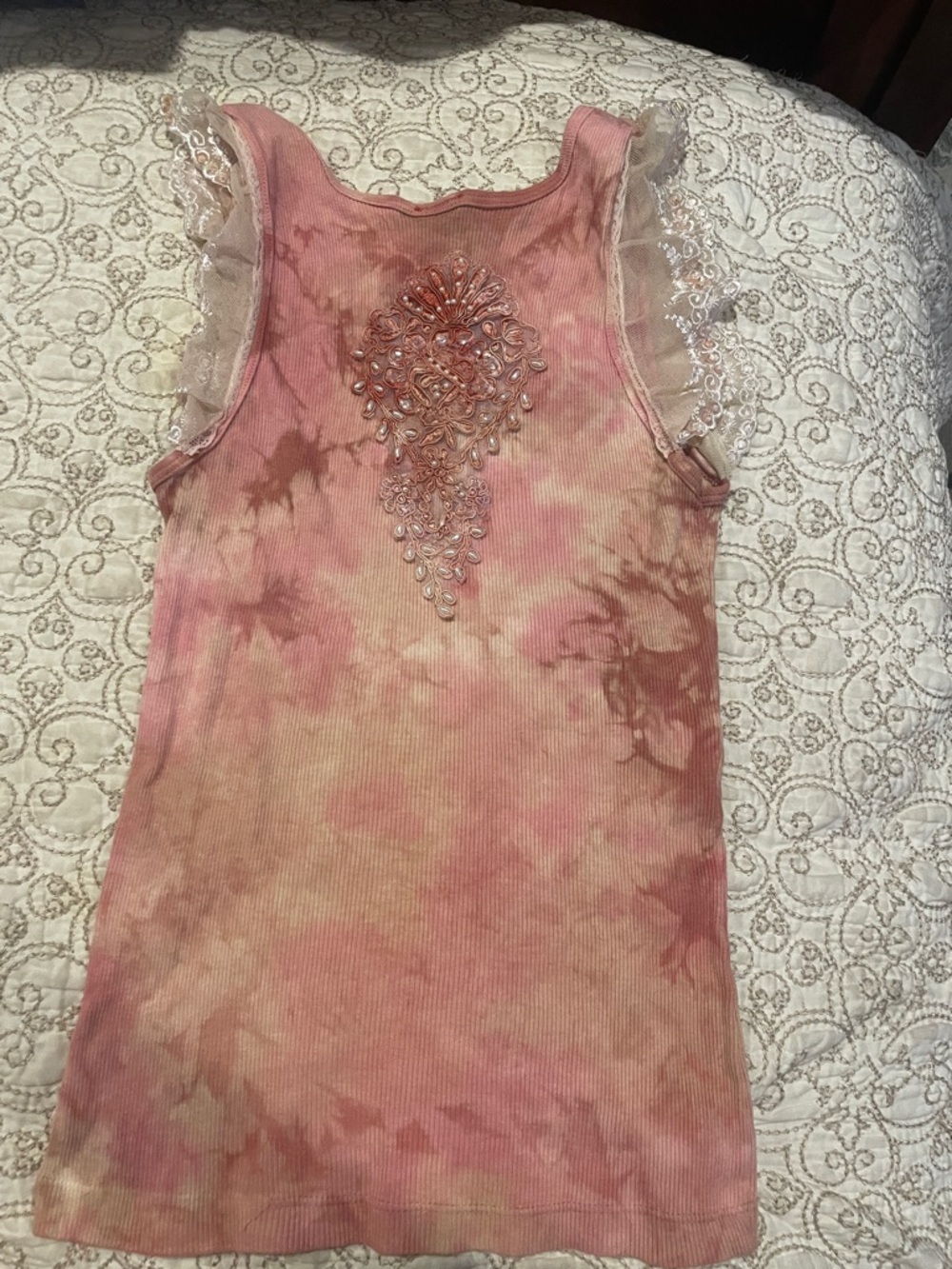 Pink Tie-Dye Ribbed Tank with Beaded Detail size Large